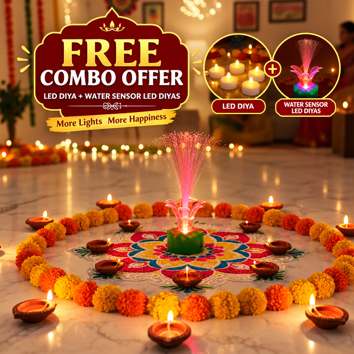 LED Floating Water Sensor Diyas & Multicolor LED Candlelight – Festive Combo