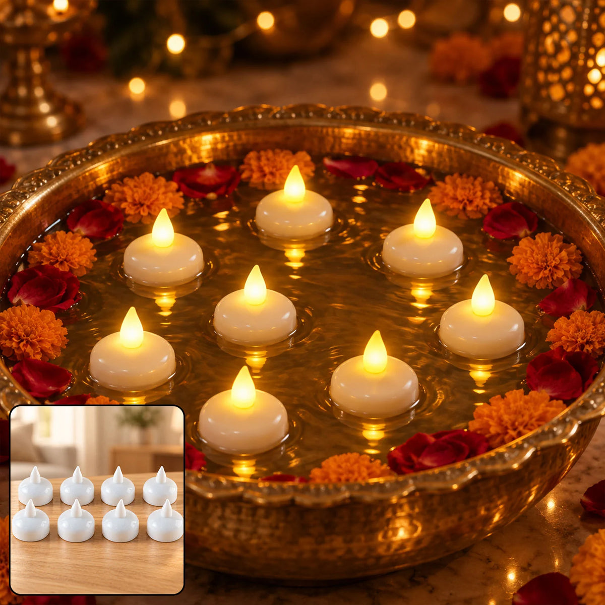 LED Floating Water Sensor Diyas & Multicolor LED Candlelight – Festive Combo