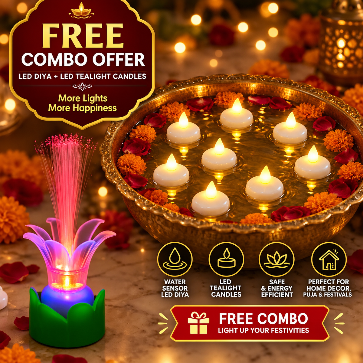 LED Floating Water Sensor Diyas & Multicolor LED Candlelight – Festive Combo