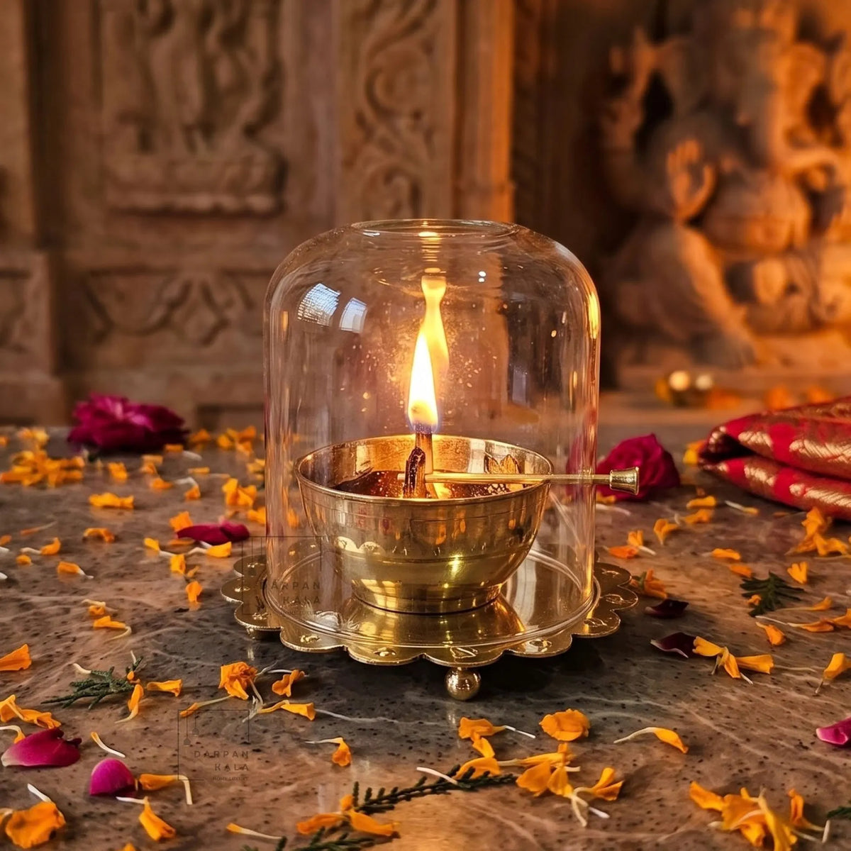 Brass Akhand Jyoti Diya with Glass Cover
