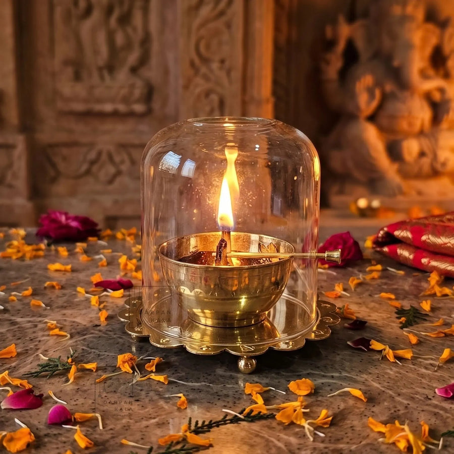 Brass Akhand Jyoti Diya with Glass Cover