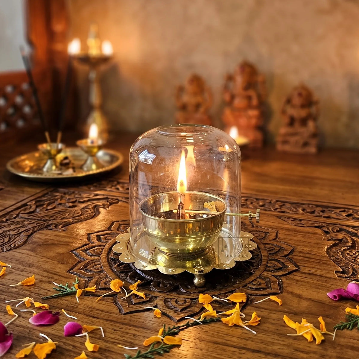 Brass Akhand Jyoti Diya with Glass Cover
