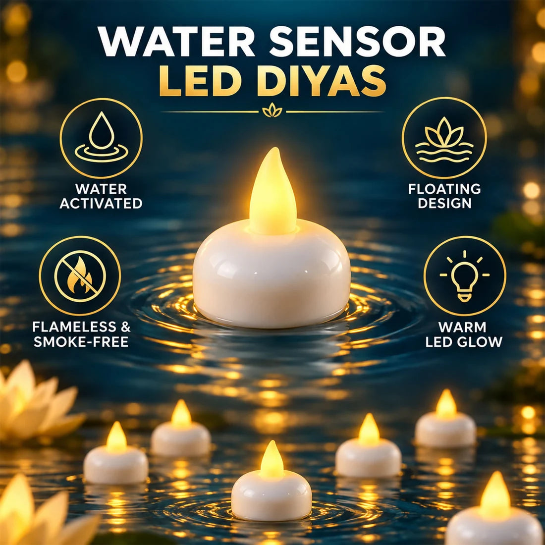 LED Floating Water Sensor Diyas & Multicolor LED Candlelight – Festive Combo