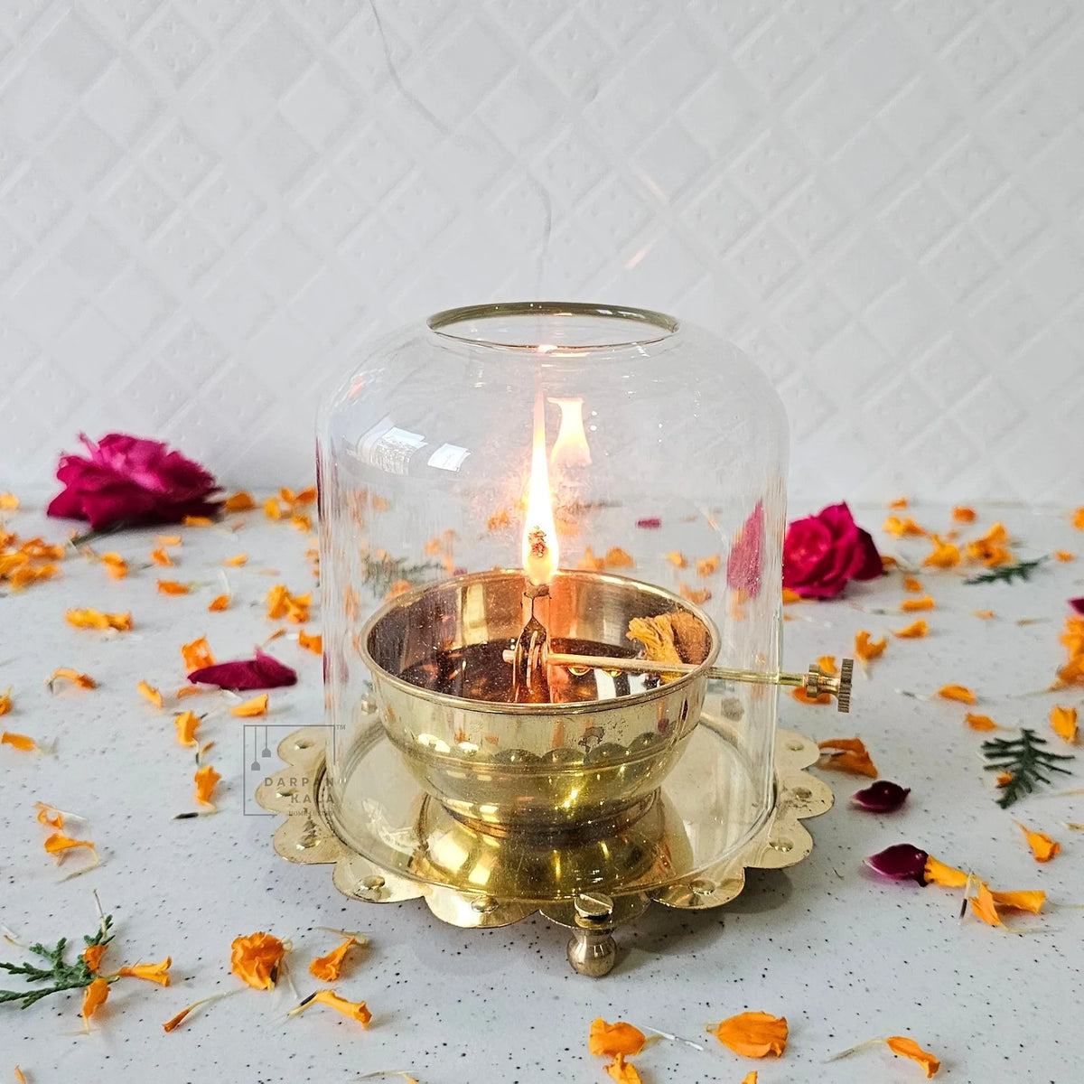 Brass Akhand Jyoti Diya with Glass Cover