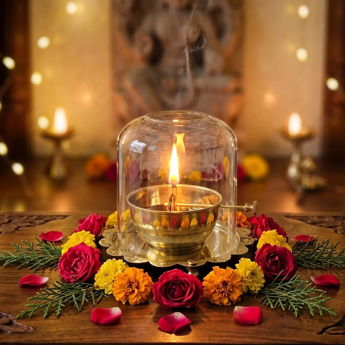 Brass Akhand Jyoti Diya with Glass Cover