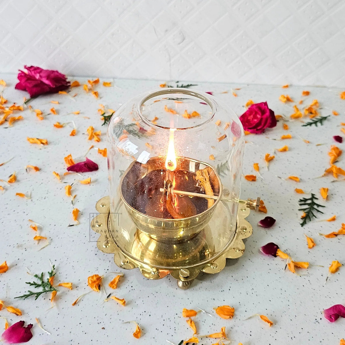 Brass Akhand Jyoti Diya with Glass Cover